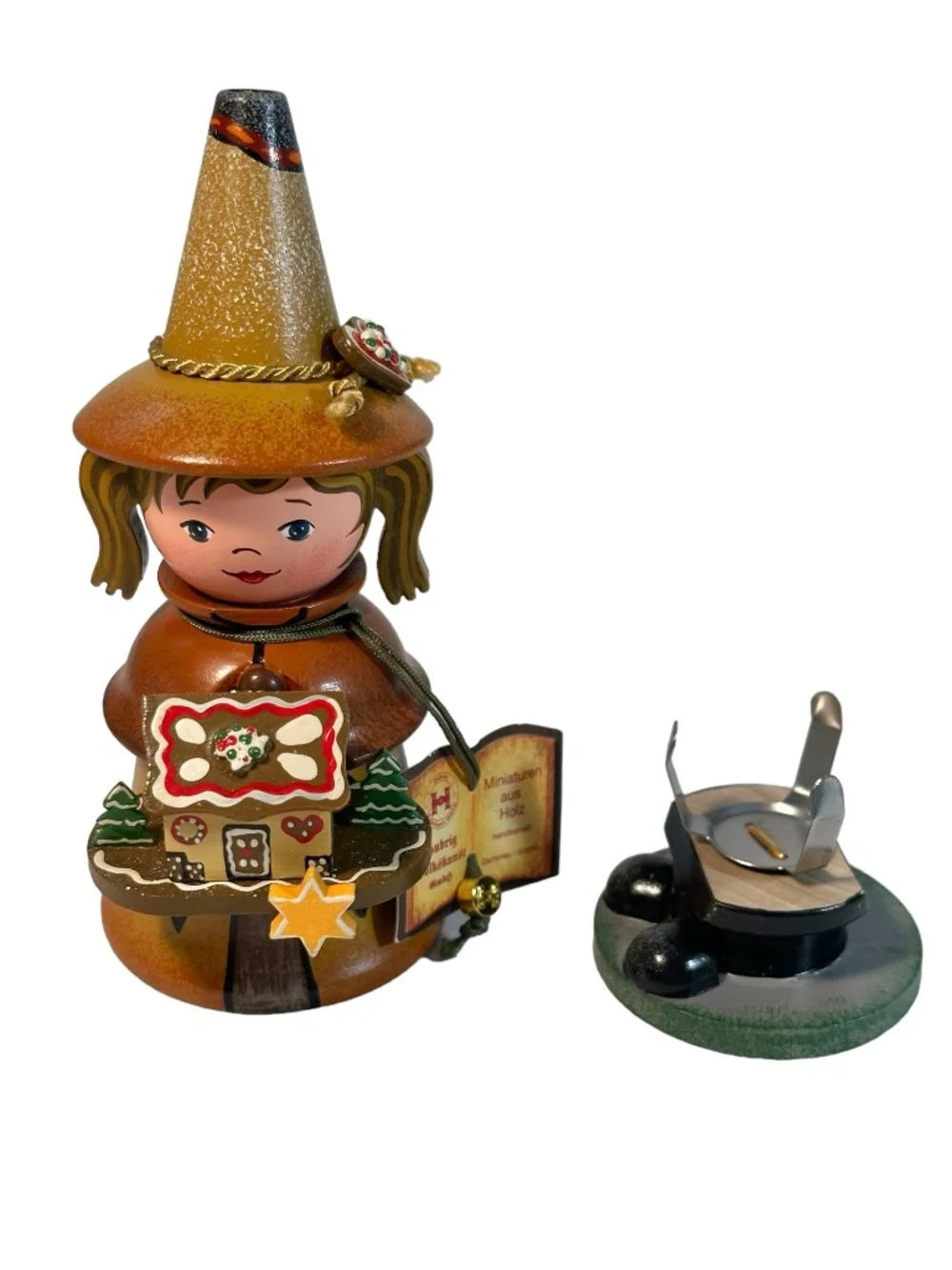 Hubris Volkskunst Swiss Girl w/ Gingerbread House Miniature Smoker w/ Tag